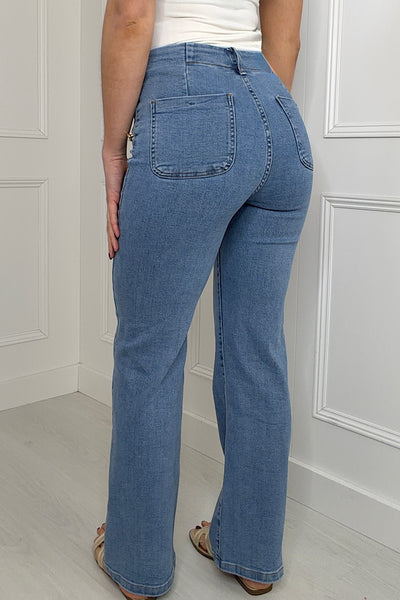 Danni Pearl Pocket Button Jeans In Blue Denim