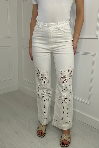 Cream Palm Tree Cut Out Jeans