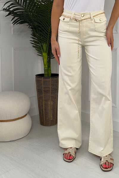 Esme Cream Denim Jeans With Removable Gold Chain Belt