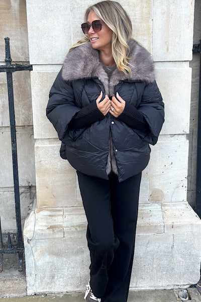 Aspen Faux Fur Trim Coat In Black