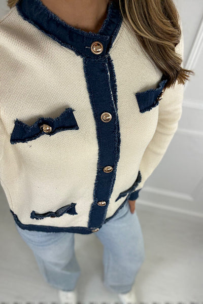 Cream Denim Trim Cardigan