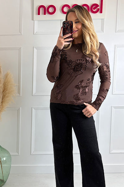 Alicia Sheer Ribbon Top In Chocolate