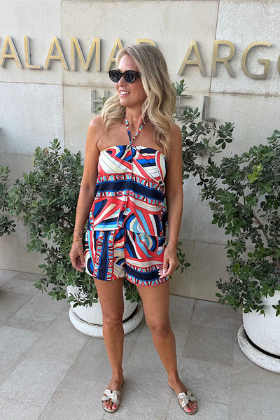 Scarf Print Halter Neck Co-ord In Coral Amanda Navy