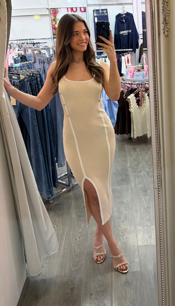 Cassie Cream Contrast Split Midi Dress