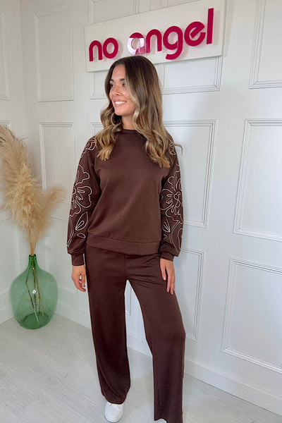 Chocolate Floral Outline Sweatshirt And Jogger Co-ord