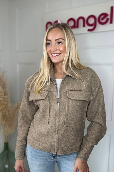 Stone Teddy Jacket With Oversized Pockets