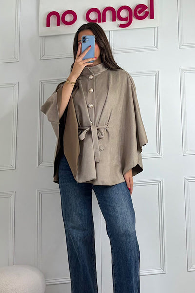 Suedette Military Button Tie Waist Cape In  Taupe