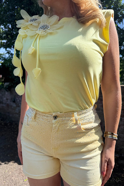 Pastel Lemon Denim Shorts With Diamanté Embellishment