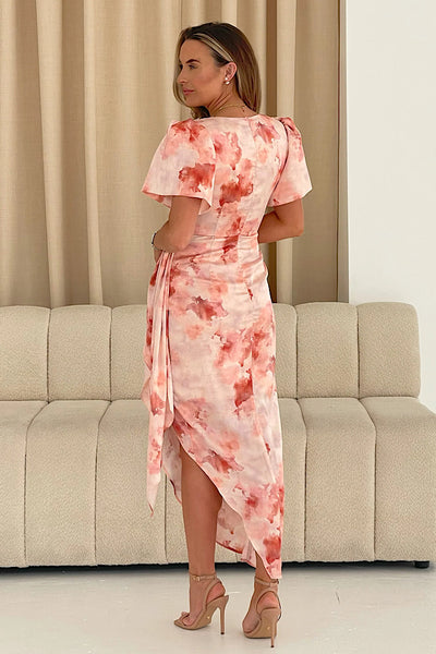 Drew Puff Sleeve Midi Dress In Blush Marble