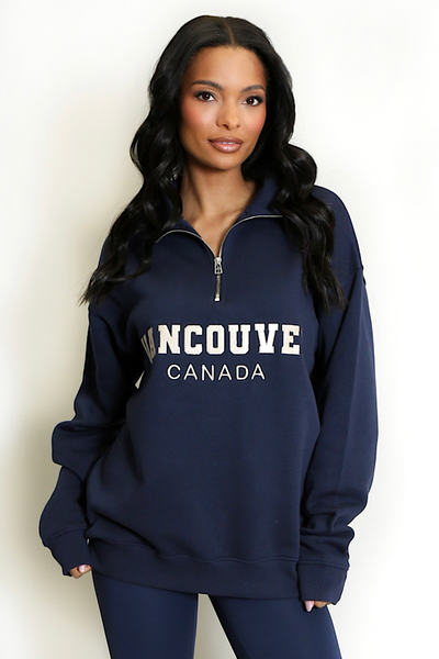 Navy Vancouver Slogan Zip Sweatshirt