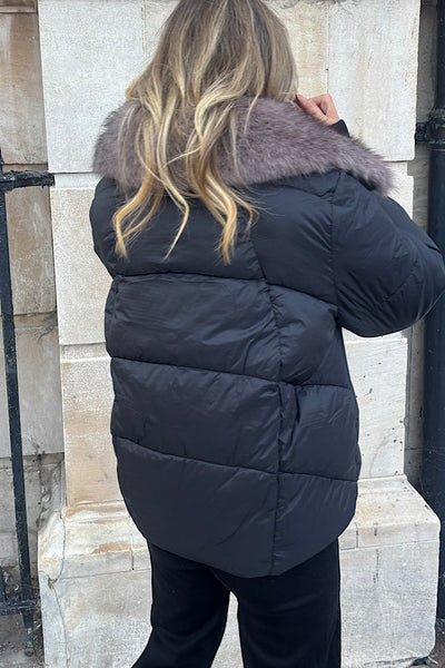 Aspen Faux Fur Trim Coat In Black