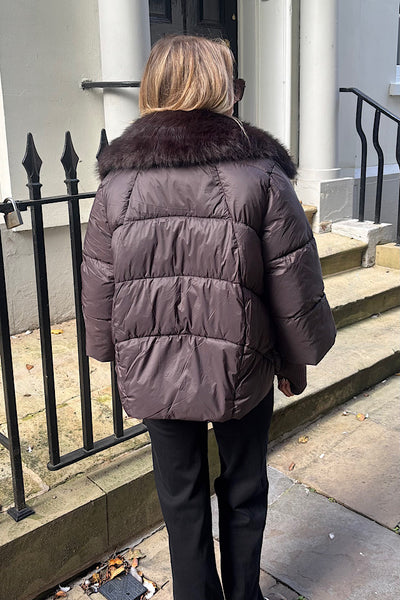 Aspen Faux Fur Trim Coat In Chocolate