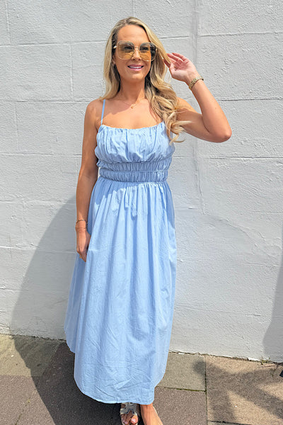 Abbey Ruched Sun Dress In Pastel Blue