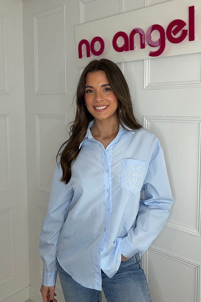 Paris Pastel Blue Shirt With White Front Pocket Embroidery