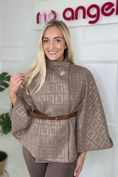 Embossed Faux Suede Gold Button Belted Cape