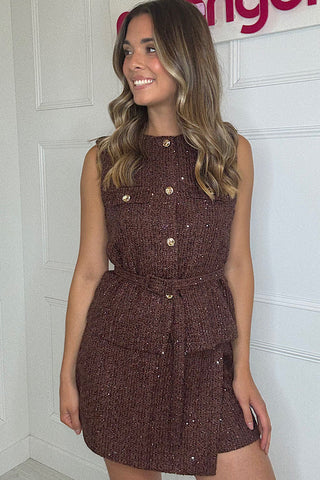 Chocolate Brown Tweed Waistcoat With Belt