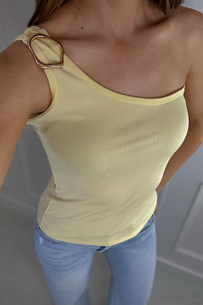 Lemon Ribbed One Shoulder Top With Gold Detail