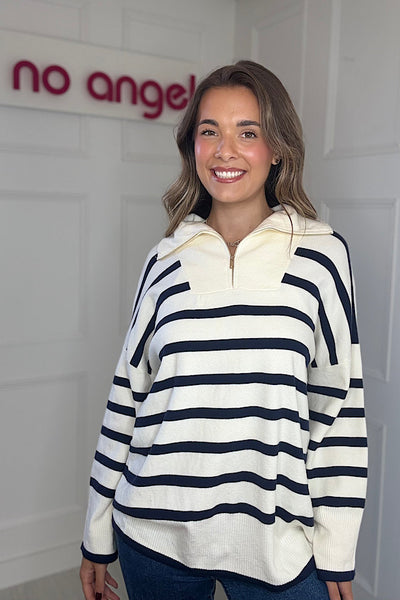 Stripe 1/4 Zip Jumper In Cream