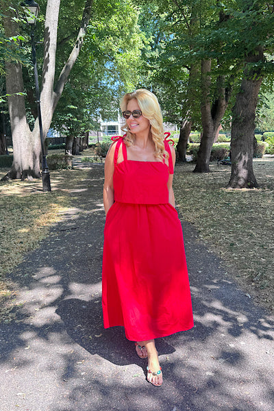 Red Tie Shoulder Midi Dress