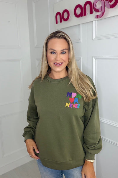 NOW OR NEVER Back Slogan Sweatshirt In Khaki
