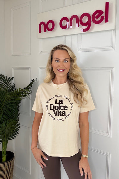 La Dolce Vita T-Shirt In Stone With Chocolate Brown