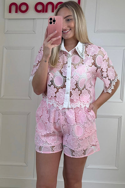 Pink Diamanté Collar Shirt & Short Co-Ord