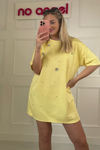 Lemon Oversized T-Shirt Dress With Diamanté Front