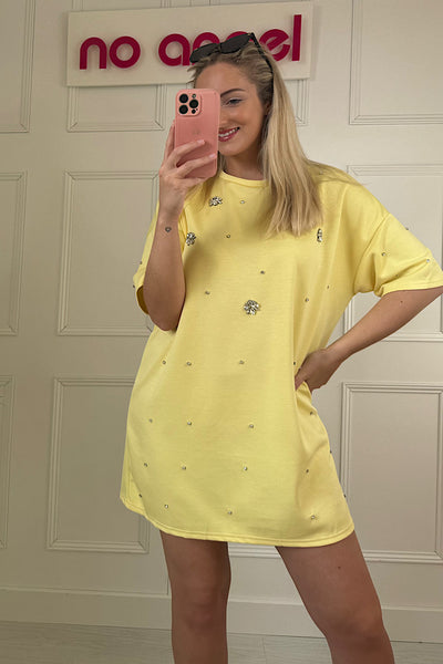 Lemon Oversized T-Shirt Dress With Diamanté Front