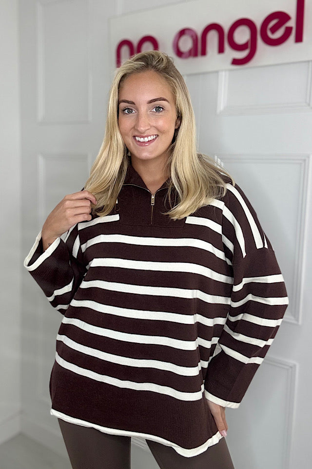 Stripe 1/4 Zip Jumper In Chocolate