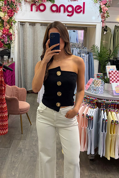 Black Strapless Bandeau Top With Gold Buttons