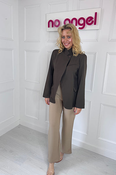 Molly High Neck Tailored Blazer In Chocolate Brown
