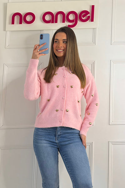 Imogen Gold Heart Cardigan In Pink