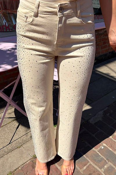 Kyra Diamanté Embellished Jeans In Cream