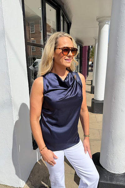 Ebony Satin Button Top In Navy