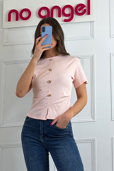 River Gold Button Top In Pale Pink