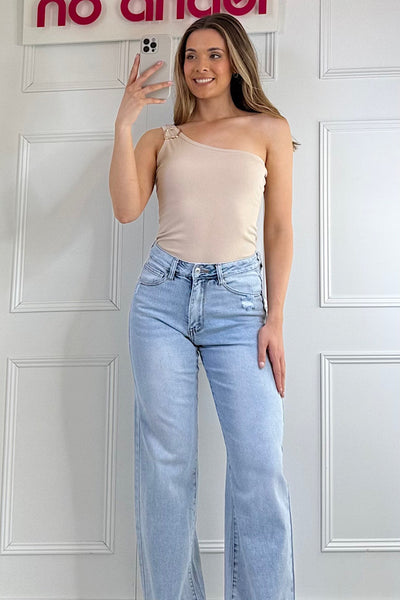 Taupe Ribbed One Shoulder Top With Gold Detail
