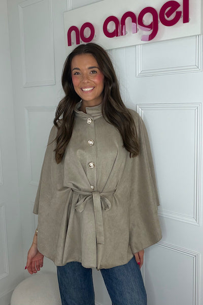 Suedette Military Button Tie Waist Cape In  Taupe