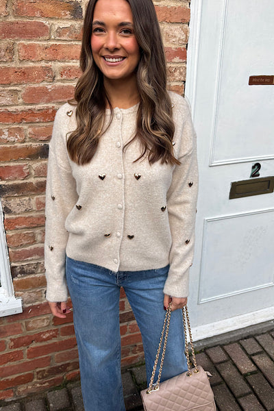 Imogen Gold Heart Cardigan In Oatmeal