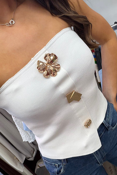 White Strapless Bandeau Top With Statement Buttons