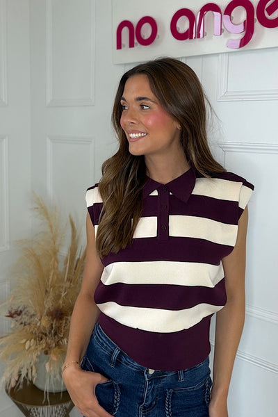 Collared Stripe Tank Top In Plum