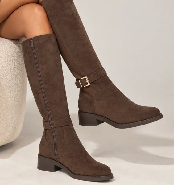 Beau Brown Suedette Knee High Elasticated Riding Boots with Buckle Detail