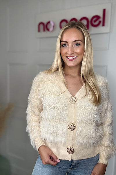 Cream Faux Fur Panelled Cardigan In Cream