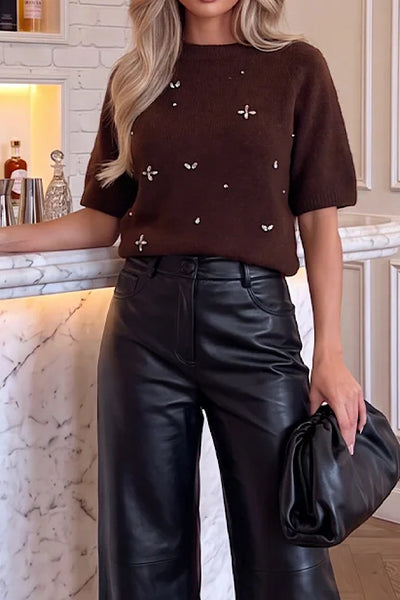 Chocolate Embellished Short Sleeve Knit Top