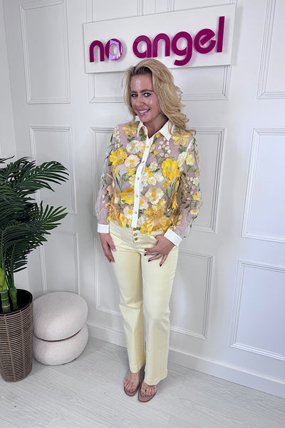 Floral Embroidered Long Sleeved Sheer Blouse In Yellow