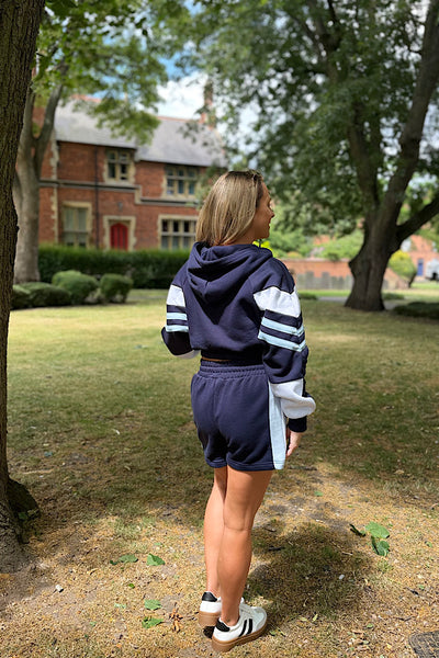 Ebony Chevron Stripe Hoodie And Short Co-ord In Navy