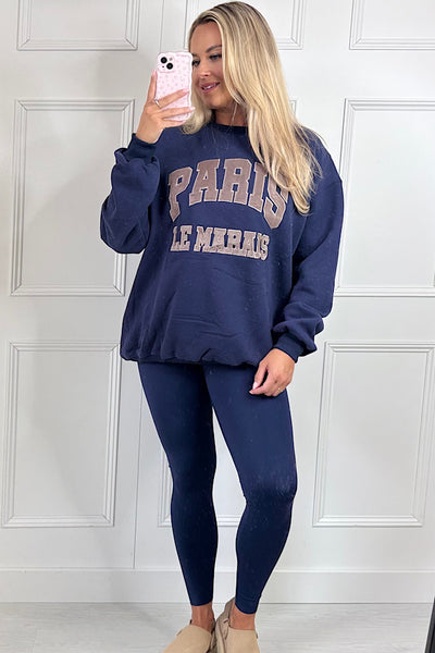 Luxe PARIS Slogan Oversized Fleece Lined Sweatshirt In Navy