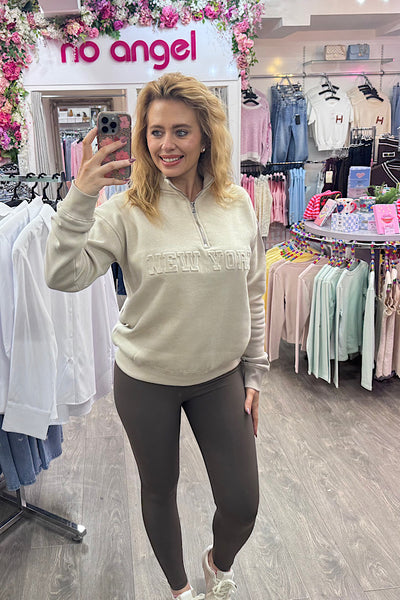 Cream NEW YORK Zip Slogan Sweatshirt