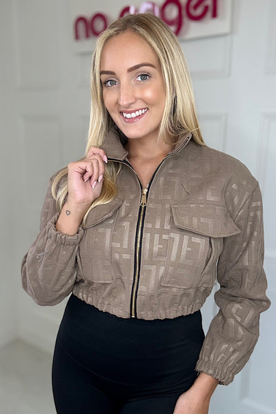 Embossed Faux Suede Bomber Jacket In Taupe