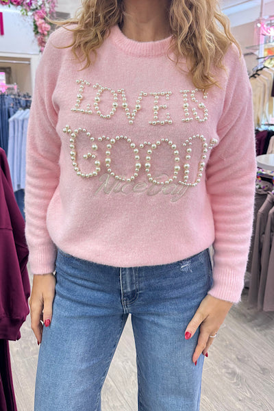 Arabella Pastel Pink Pearl Detail Jumper