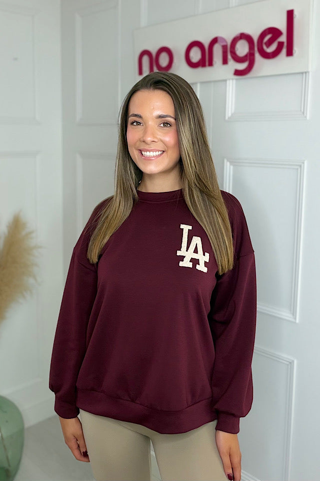 LA Slogan Sweatshirt In Burgundy